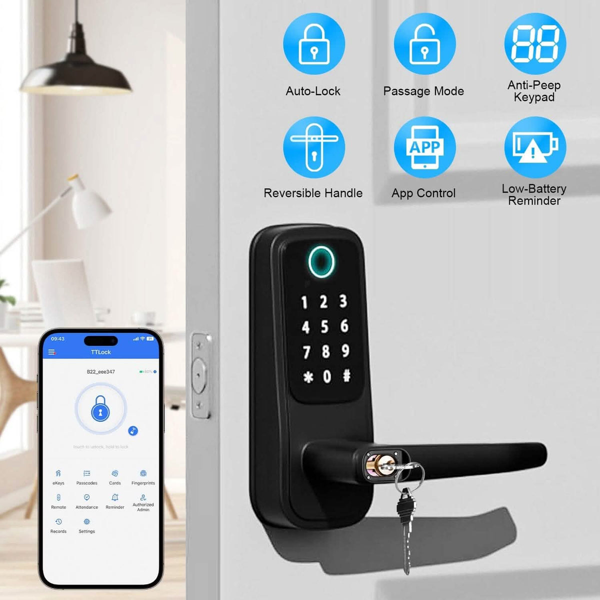 Smart Door Lock with Handle Fingerprints Passcode Keys Fobs App Control - A-1 Thread Vault