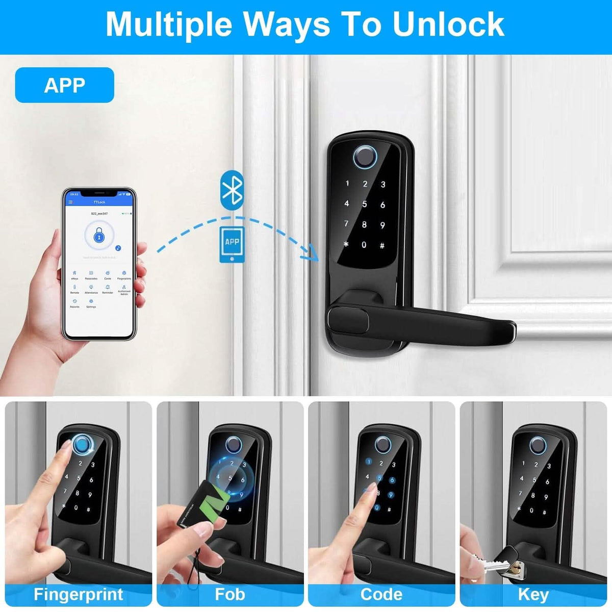 Smart Door Lock with Handle Fingerprints Passcode Keys Fobs App Control - A-1 Thread Vault