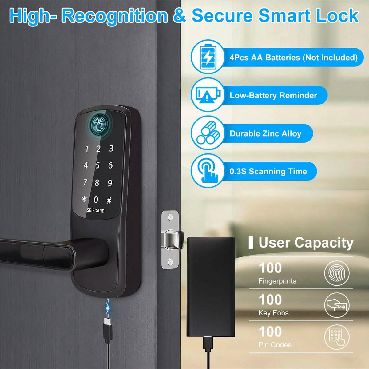 Smart Door Lock with Handle Fingerprints Passcode Keys Fobs App Control - A-1 Thread Vault