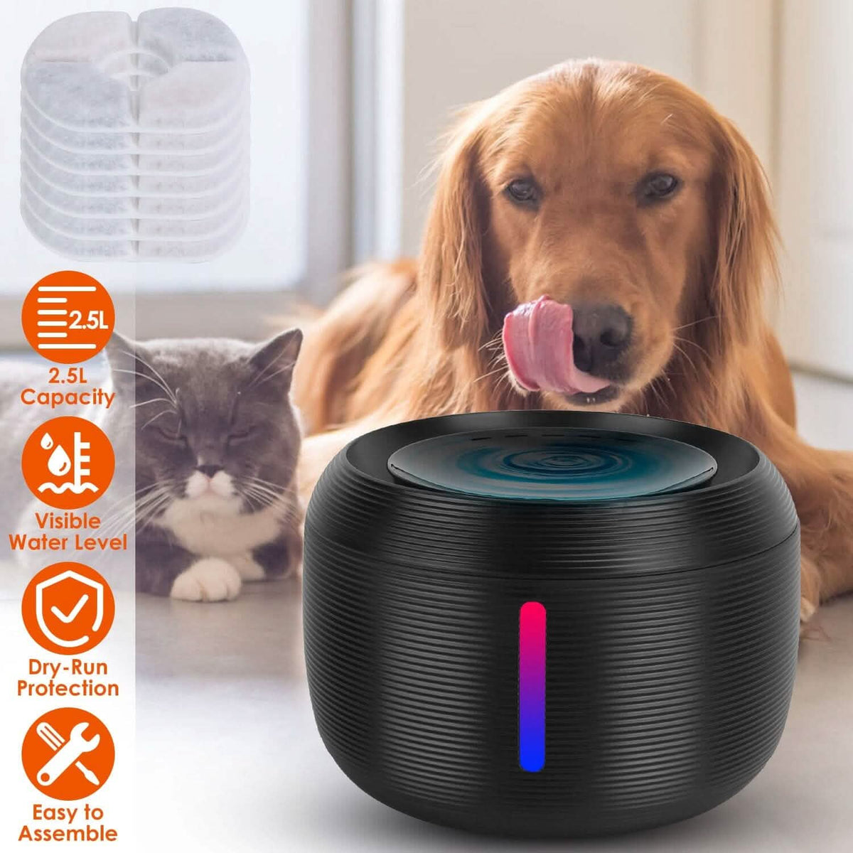 Smart Pet Drinking Fountain with LED Light 7-Pack Replaceable Water Filters - A-1 Thread Vault