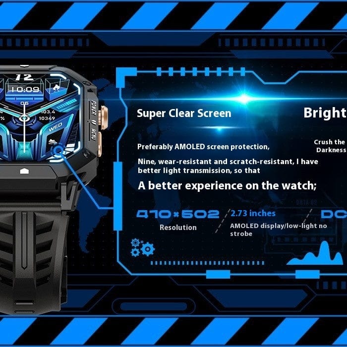 A black rugged-style smartwatch with a rectangular display and textured wrist strap is presented against a dark blue technical graphic interface highlighting its screen specifications.