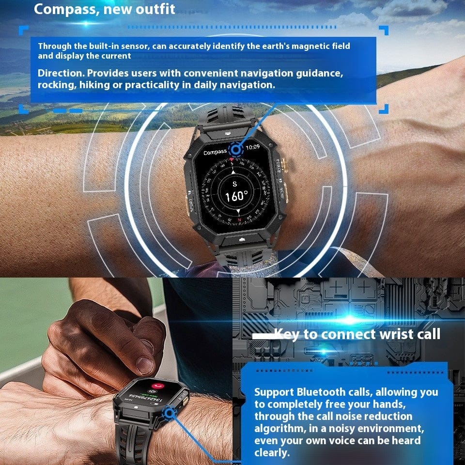 A rugged black smartwatch featuring a compass display on its digital screen in the top panel and a person answering a phone call on the watch face in the bottom panel.