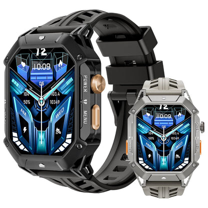 A black smartwatch with a digital display showing various health and time metrics is shown next to an identical silver-colored model with a matching strap.