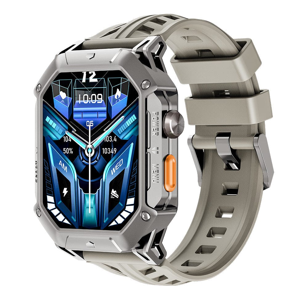 A rugged square smartwatch with a metallic silver casing and a beige silicone band features a digital display showing blue geometric graphics, time, and health metrics.