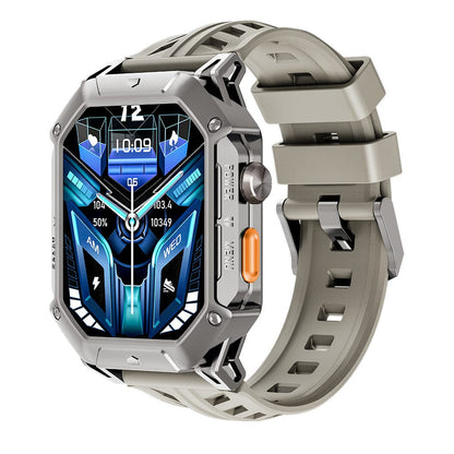 A rugged square smartwatch with a metallic silver casing and a beige silicone band features a digital display showing blue geometric graphics, time, and health metrics.