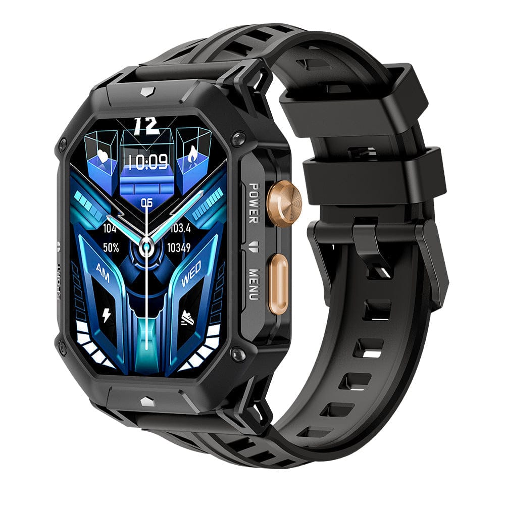 A black rugged-style digital smartwatch with a geometric black case, a textured silicone band, and a vibrant blue and black digital watch face featuring various health and time metrics.