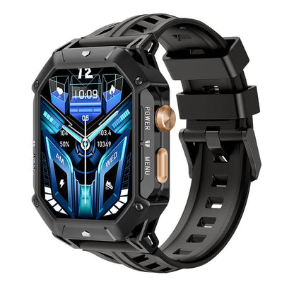 A black rugged-style digital smartwatch with a geometric black case, a textured silicone band, and a vibrant blue and black digital watch face featuring various health and time metrics.