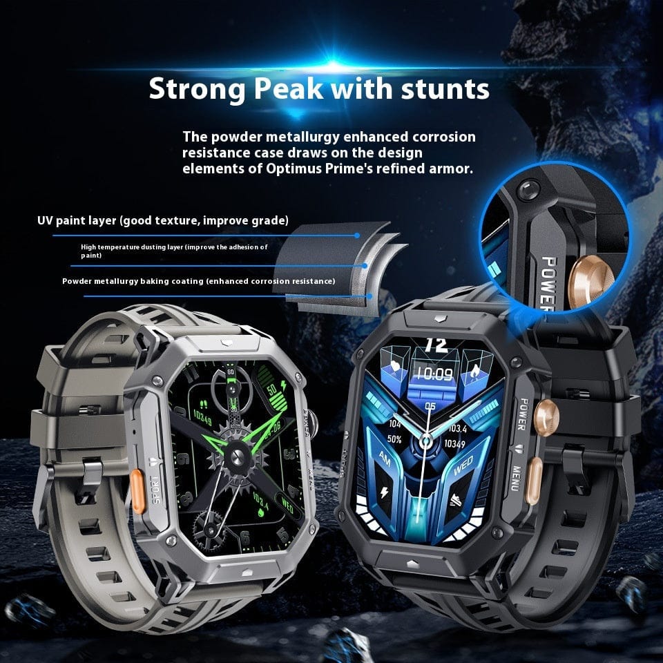 A tactical smartwatch featuring a rugged, angular grey and black case with a detailed digital display, shown alongside an exploded view of its layered protective coating structure.