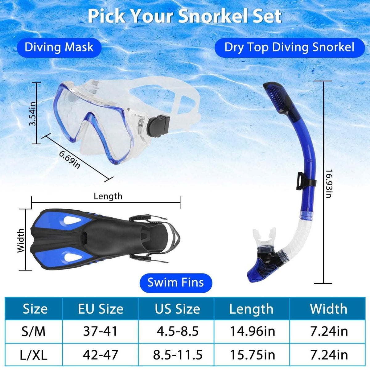 Snorkling Gear Mask Fin Set with Adjustable Swim Fins - A-1 Thread Vault
