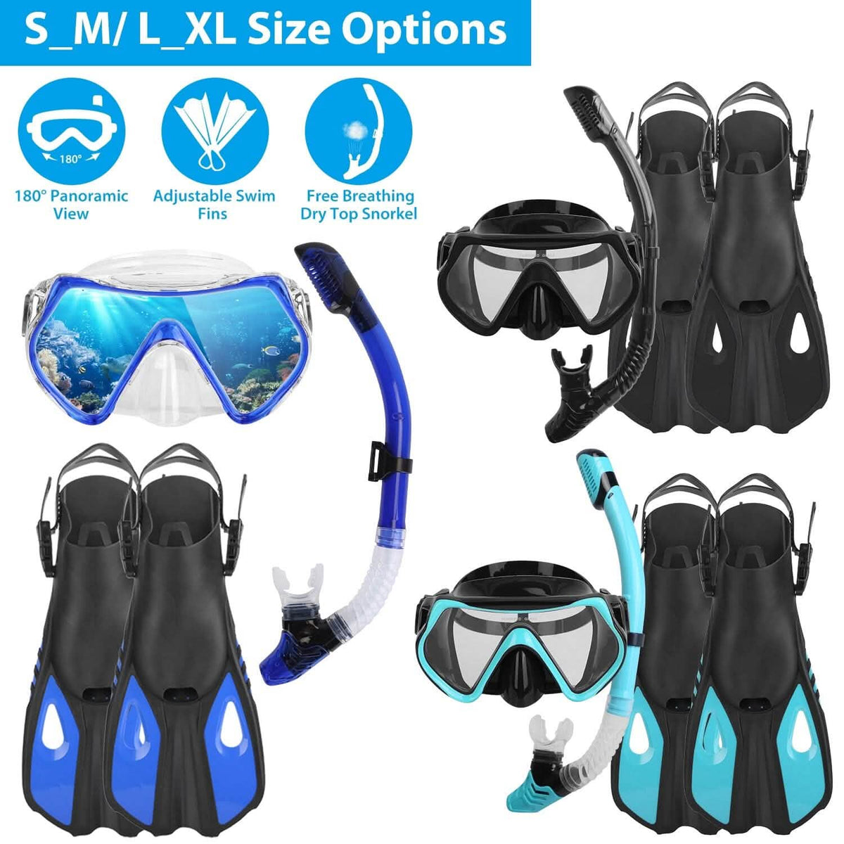 Snorkling Gear Mask Fin Set with Adjustable Swim Fins - A-1 Thread Vault
