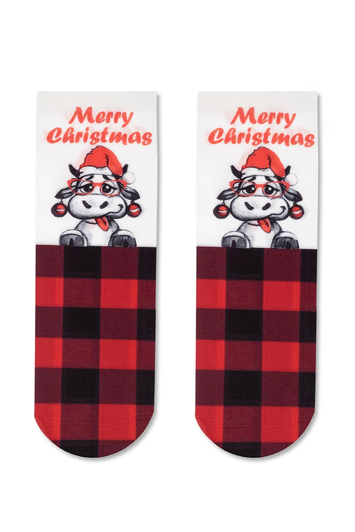 A pair of white ankle socks featuring a cartoon cow wearing a Santa hat and red-framed glasses, finished with a red and black buffalo plaid pattern on the lower section and Merry Christmas printed at the top.