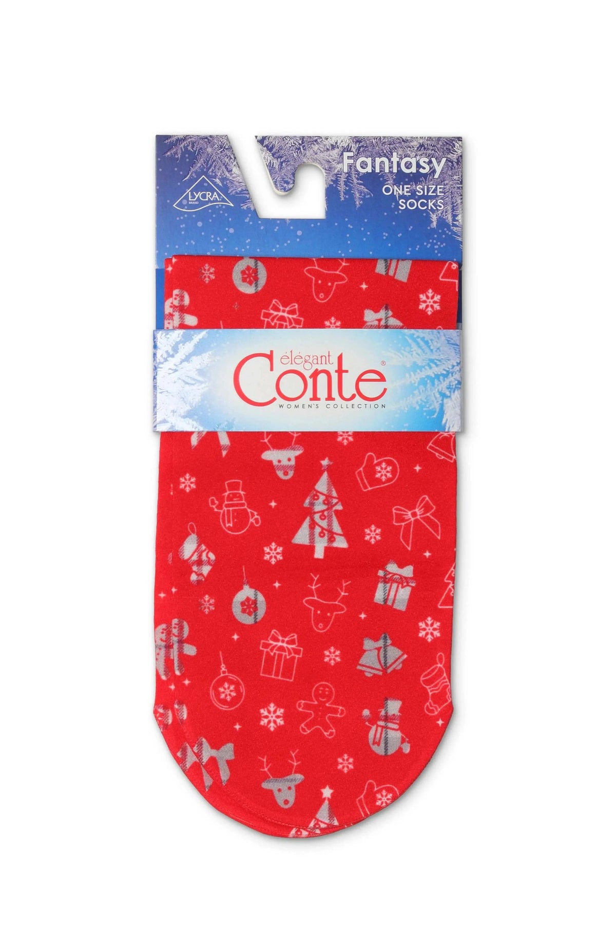 A pair of red women's holiday-themed socks featuring a repeating white and grey pattern of Christmas trees, reindeer, snowmen, ornaments, presents, and snowflakes, packaged with a cardboard header.