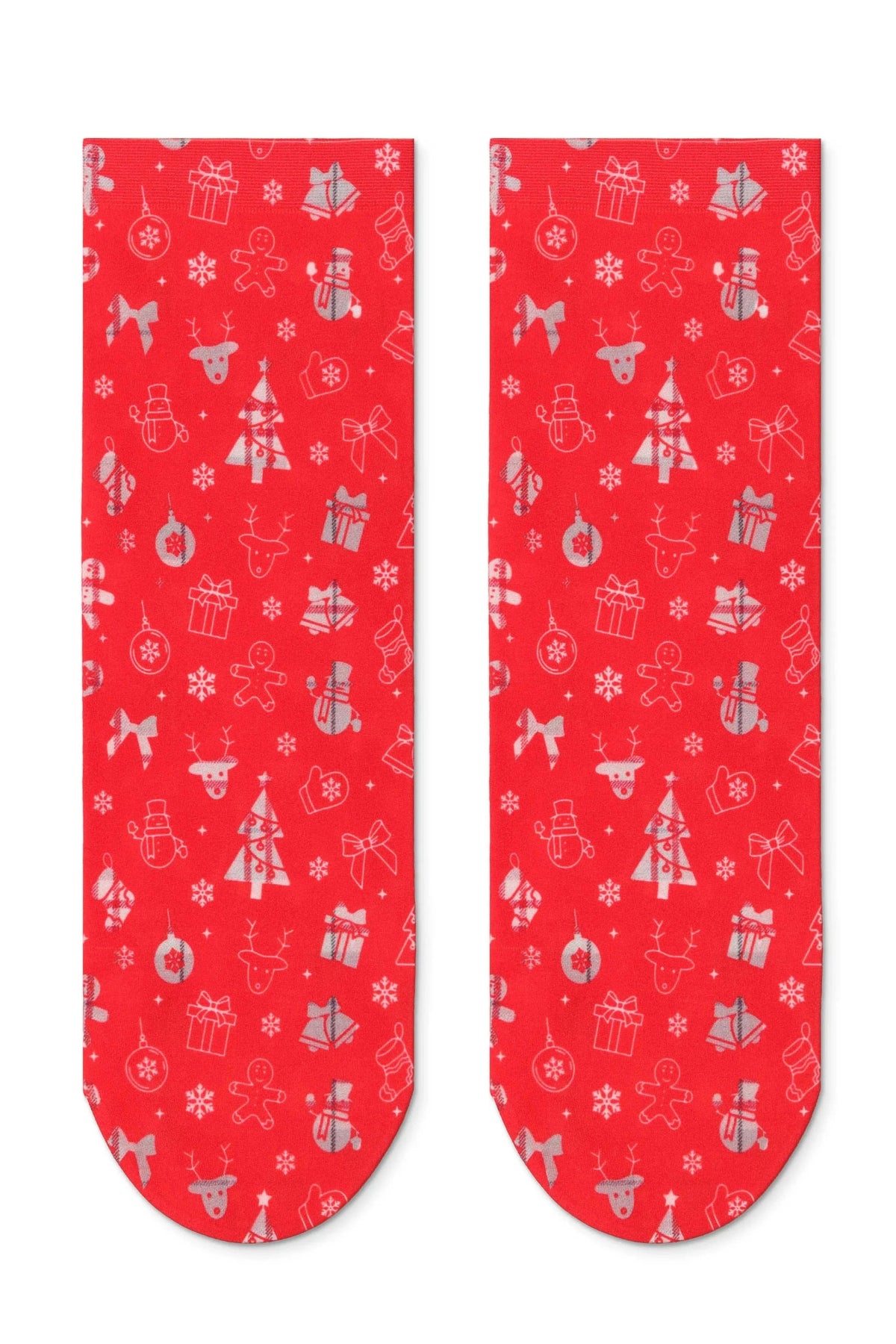 A pair of red ankle socks featuring an all-over white patterned print of Christmas icons including snowflakes, gingerbread men, reindeer, ornaments, gifts, and trees.