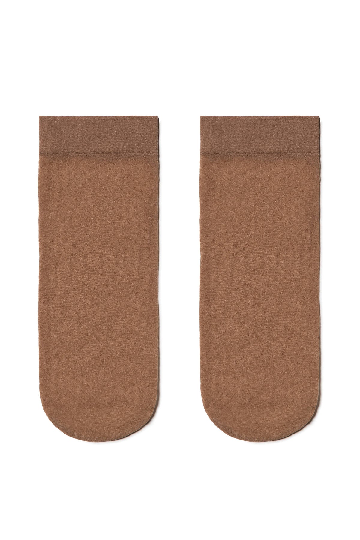 A pair of sheer ankle-length socks in a medium brown tone against a white background.