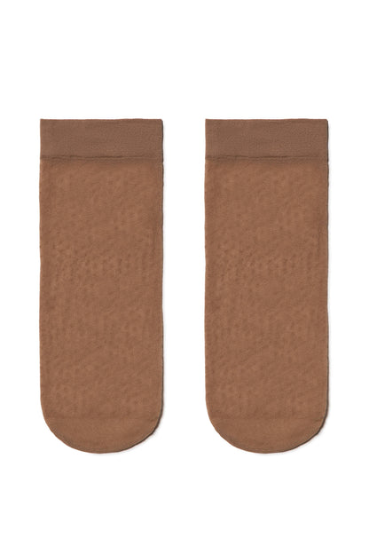 A pair of sheer ankle-length socks in a medium brown tone against a white background.