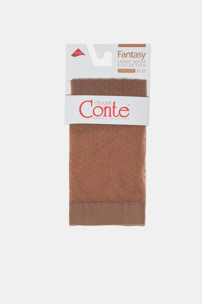 A pair of sheer tan-colored ankle socks with a subtle diamond pattern are folded and held together by a white branded paper band.