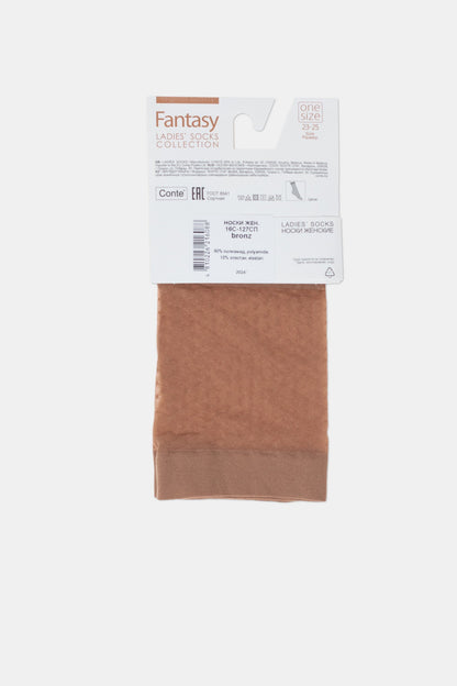 A pair of bronze-colored nylon socks displayed on a white cardboard hanger featuring a product label with size and material information.