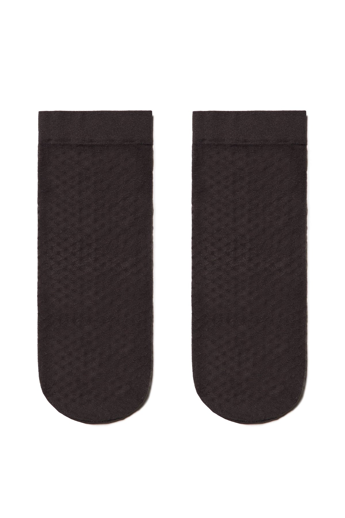 A pair of solid dark brown ankle socks with a subtle diamond pattern texture laid flat against a white background.
