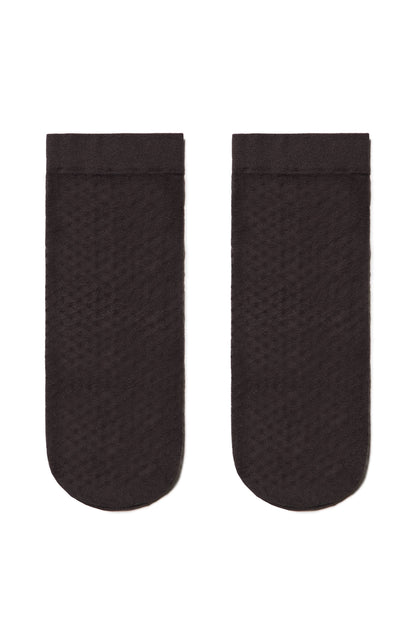A pair of solid dark brown ankle socks with a subtle diamond pattern texture laid flat against a white background.