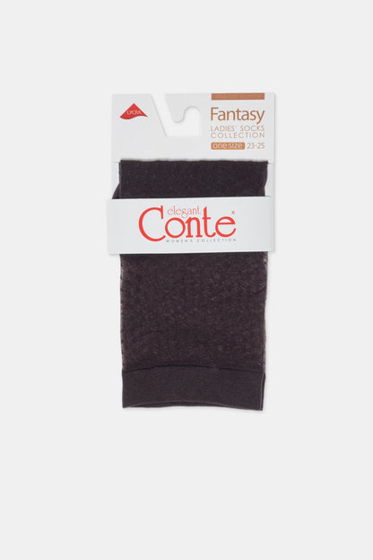 A pair of dark grey, sheer ankle socks folded inside a branded cardboard display sleeve.