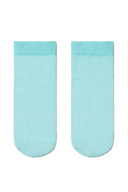 A pair of sheer light blue ankle socks laid flat against a white background.
