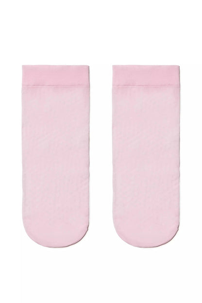 A pair of solid light pink ankle socks laid flat against a white background.