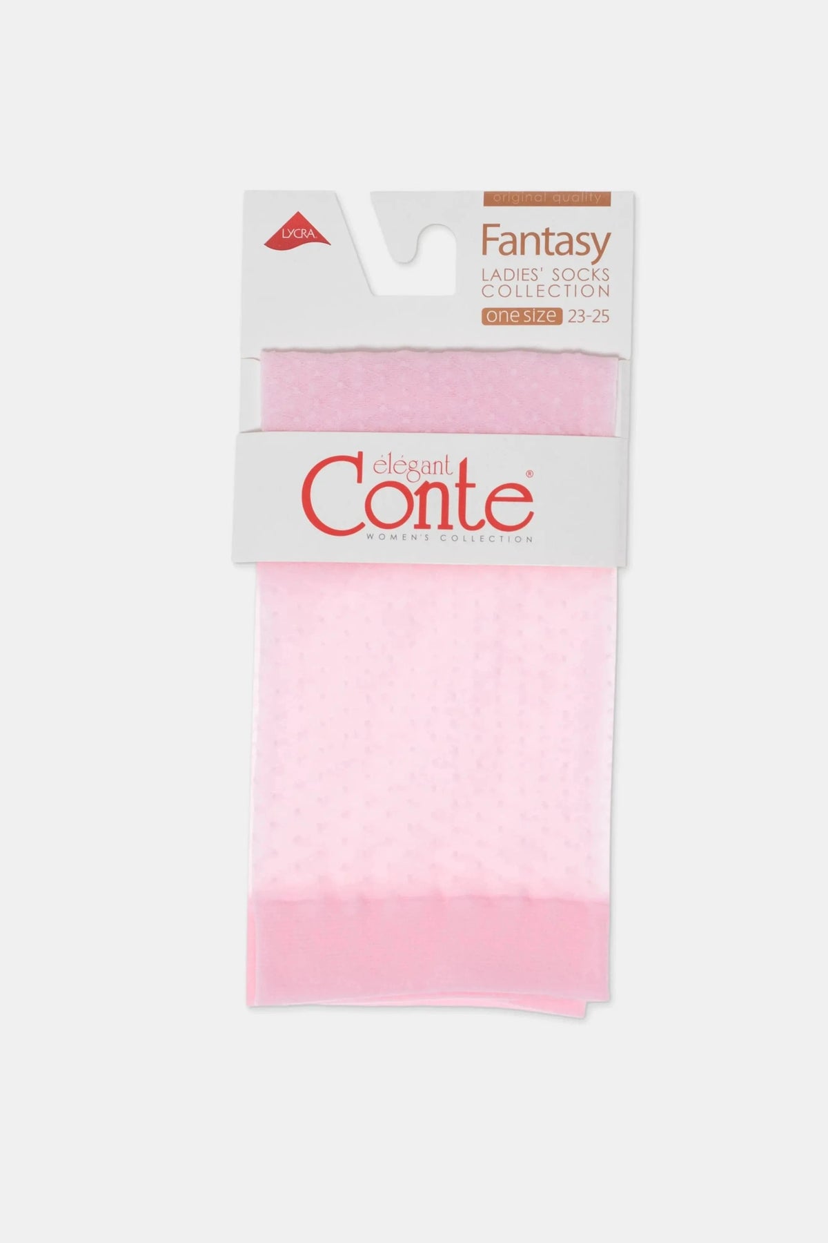 A pair of sheer pink ankle socks featuring a subtle dotted pattern and a solid pink cuff, presented in its original retail packaging.