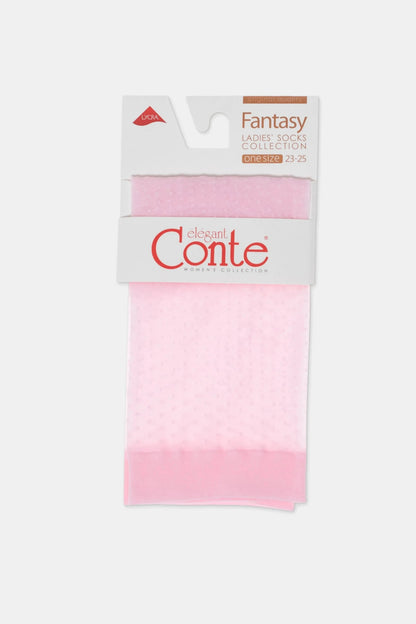 A pair of sheer pink ankle socks featuring a subtle dotted pattern and a solid pink cuff, presented in its original retail packaging.