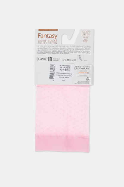 A pair of light pink ankle socks displayed on a white cardboard hanger featuring various printed information and product details.