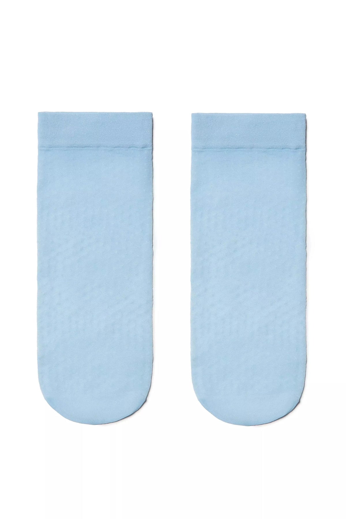 A pair of plain light blue ankle socks laid flat against a white background.