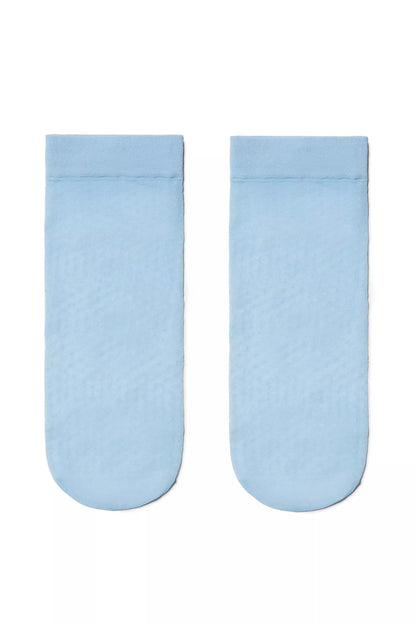A pair of plain light blue ankle socks laid flat against a white background.