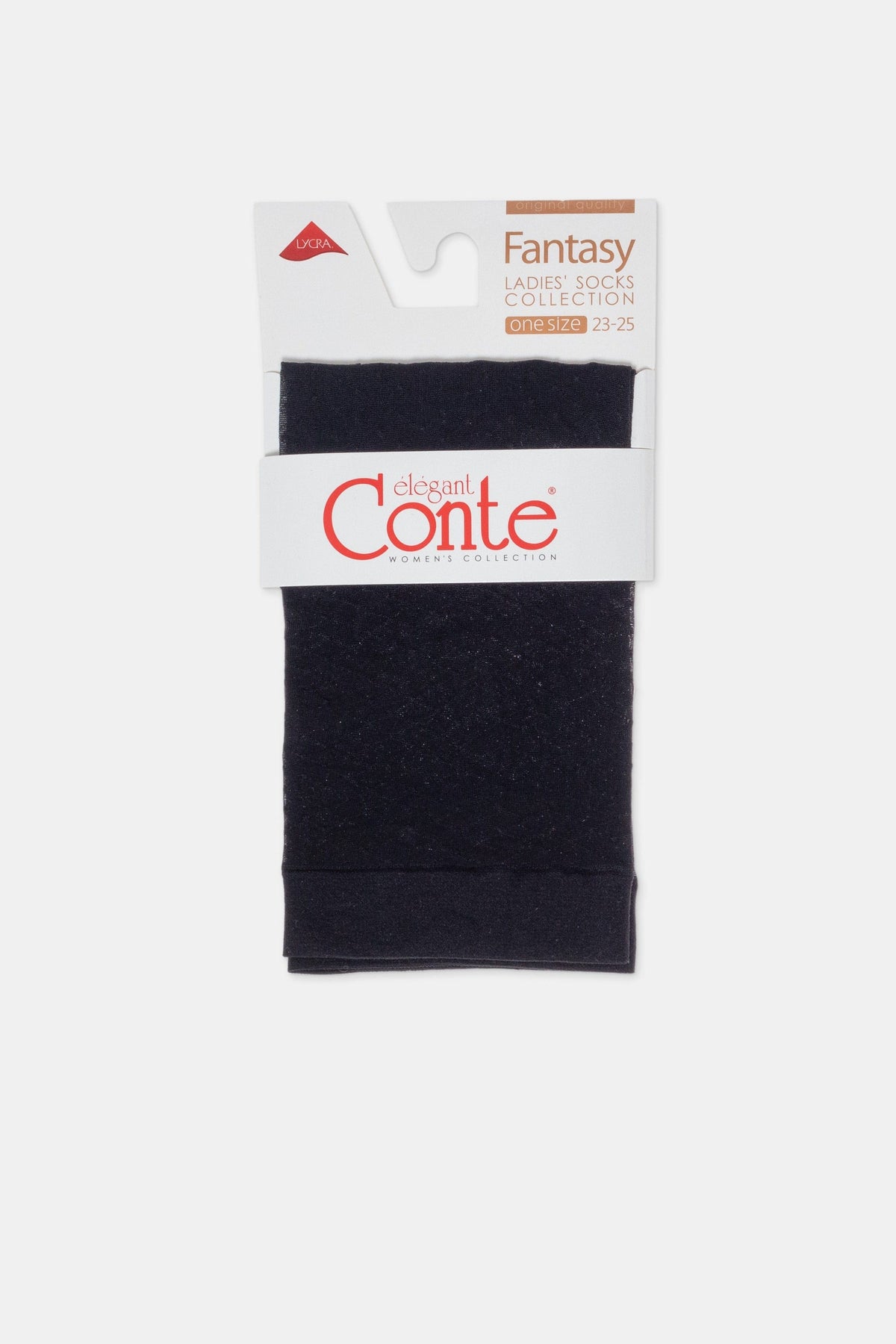 A pair of black sheer socks folded flat on their retail packaging header card.