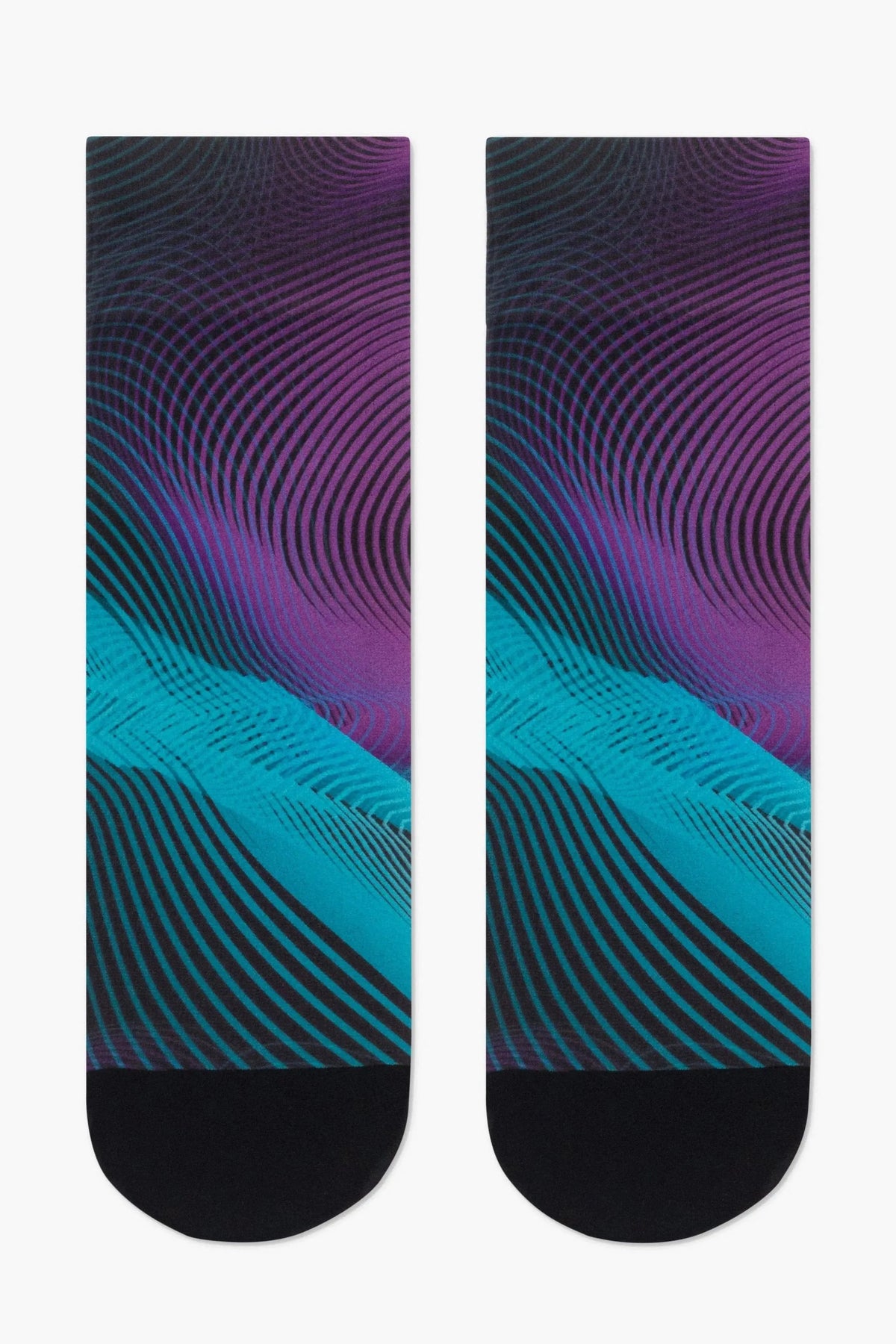 A pair of crew socks featuring a vibrant abstract pattern of purple and turquoise wavy lines set against a black background with solid black heel and toe panels.