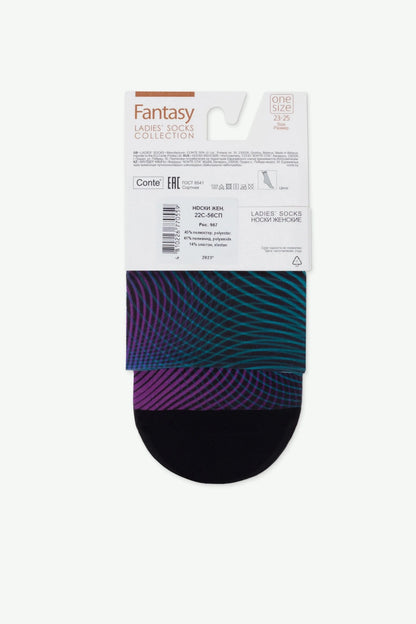 A pair of women's ankle socks with a dark base color and a vibrant wavy pattern in purple, blue, and black, displayed on a cardboard packaging header.