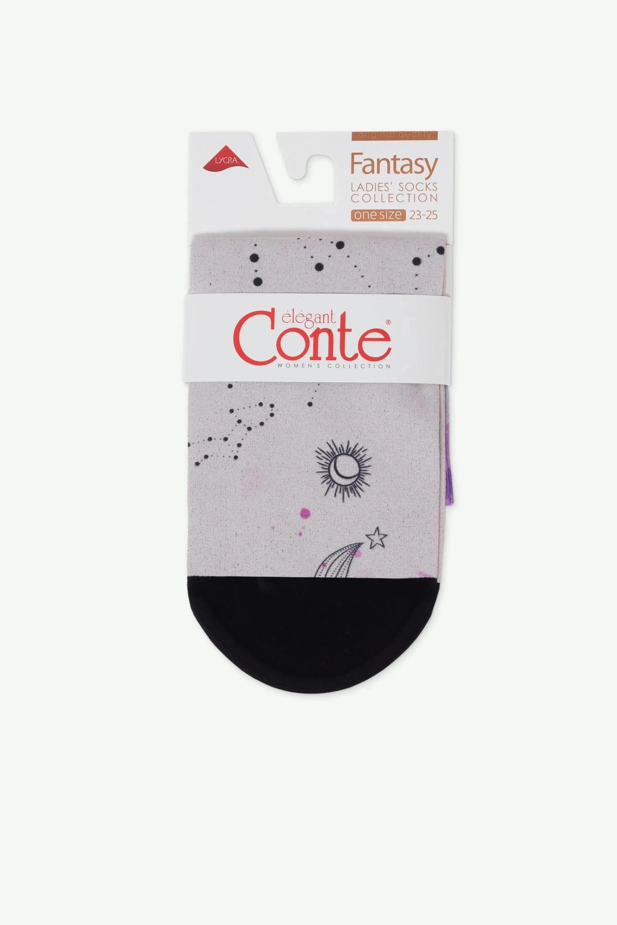 A pair of light purple women's socks with black toes and a celestial print featuring constellations, a stylized sun, and shooting stars, held together by a branded paper band.