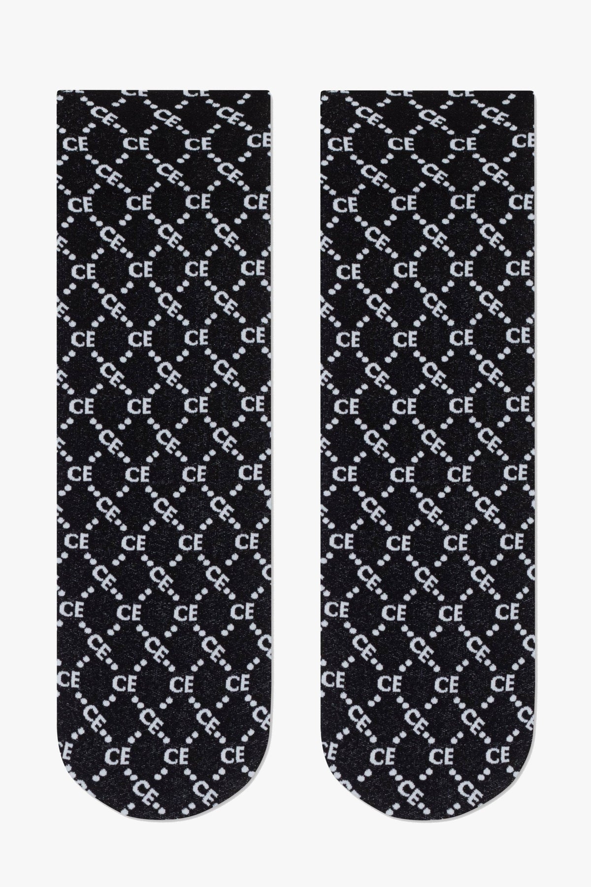 A pair of black crew socks featuring a repeated white grid pattern composed of the letters CE and dots on a dark background.