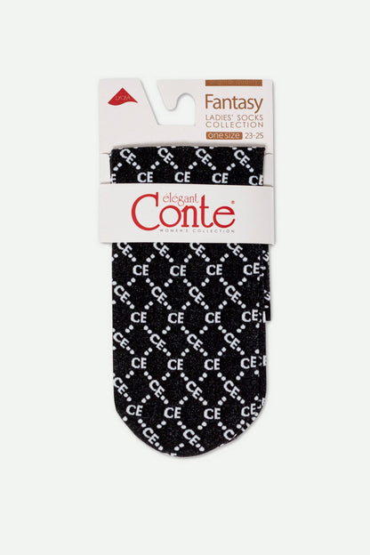 A pair of black women's socks in packaging, featuring a repeating white letter pattern that spells CE.