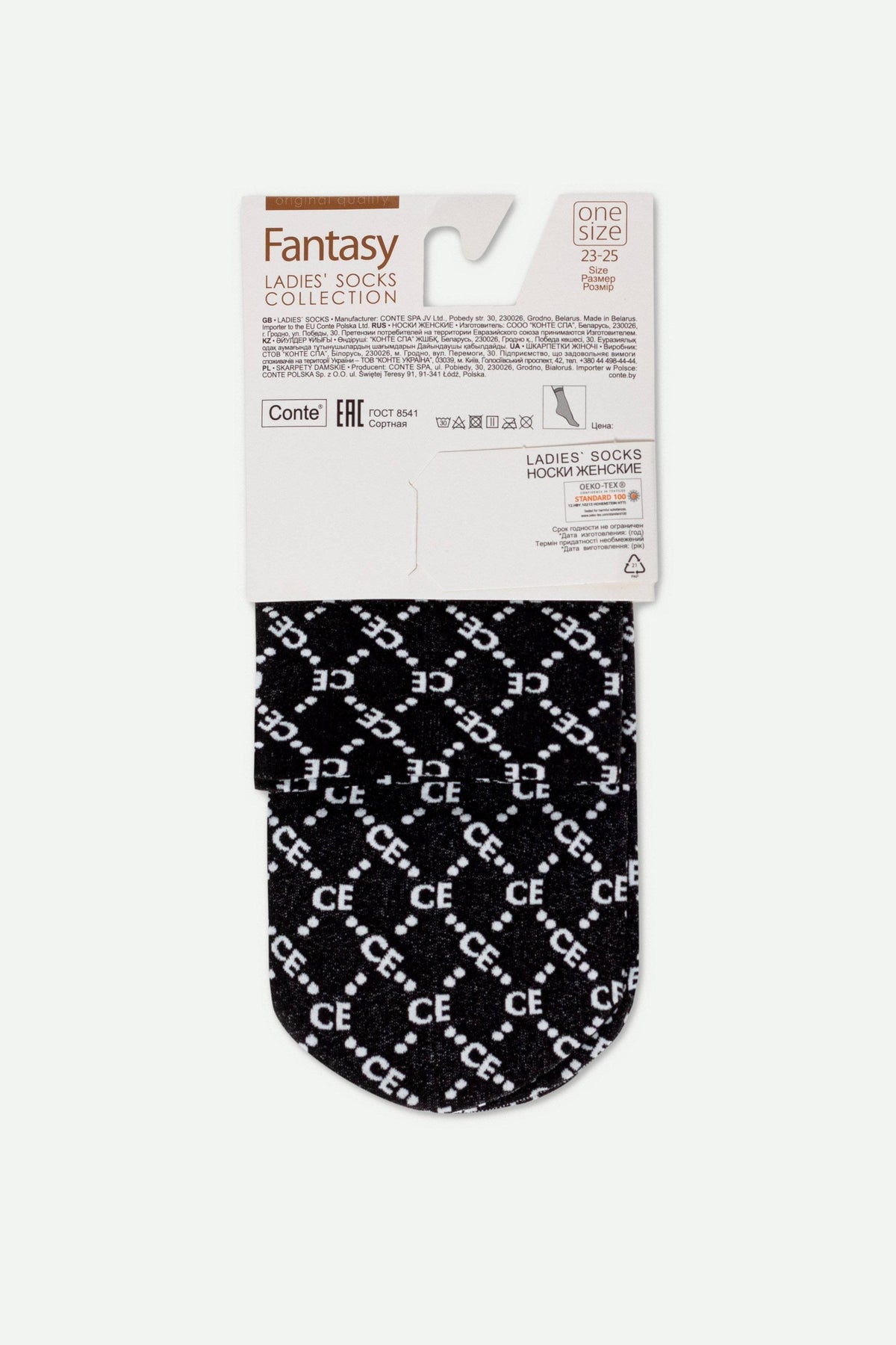 A pair of folded black socks with a repeating white letter pattern displayed on a branded product header card.