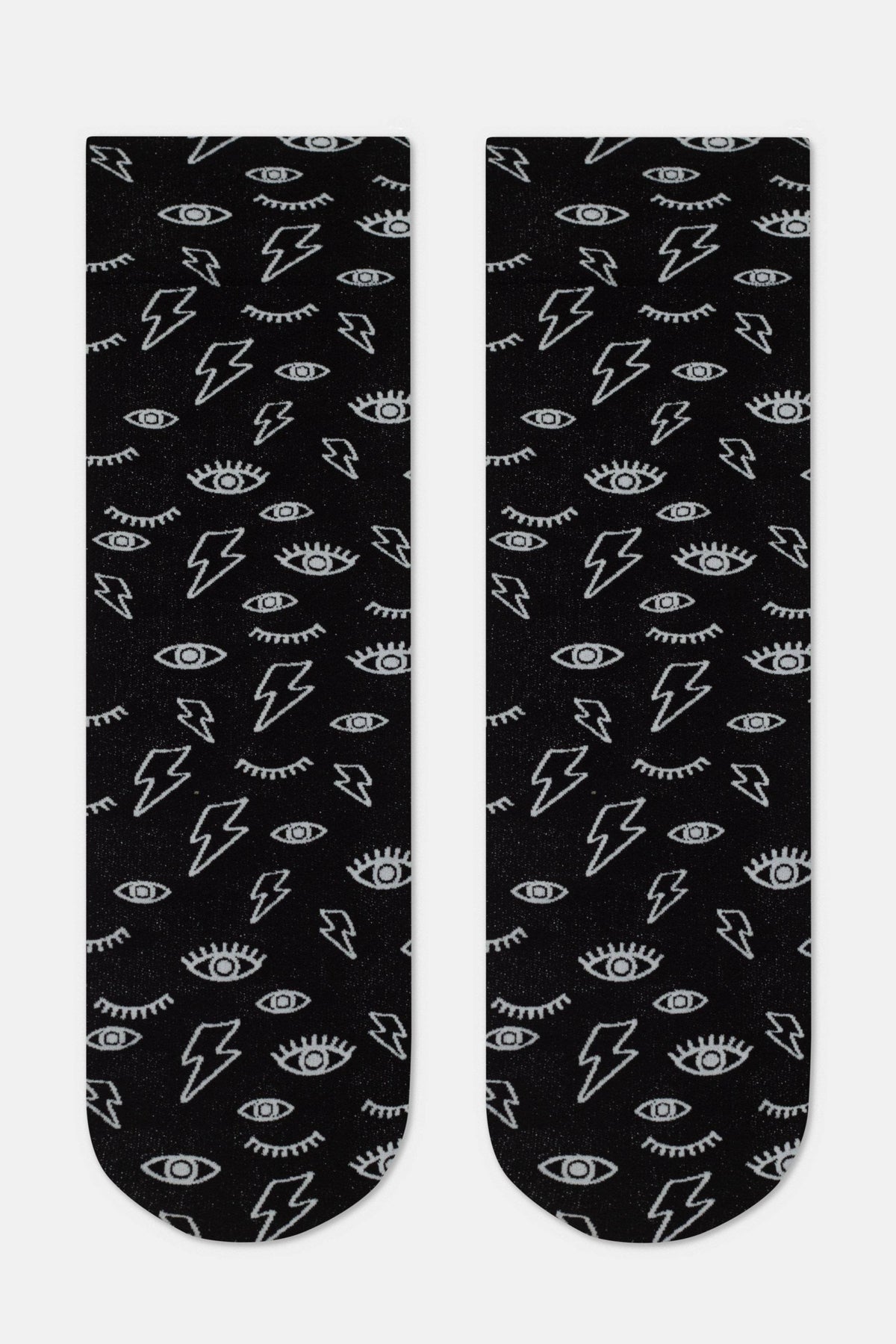 A pair of black socks featuring an all-over print of silver lightning bolts and eyes with long eyelashes.