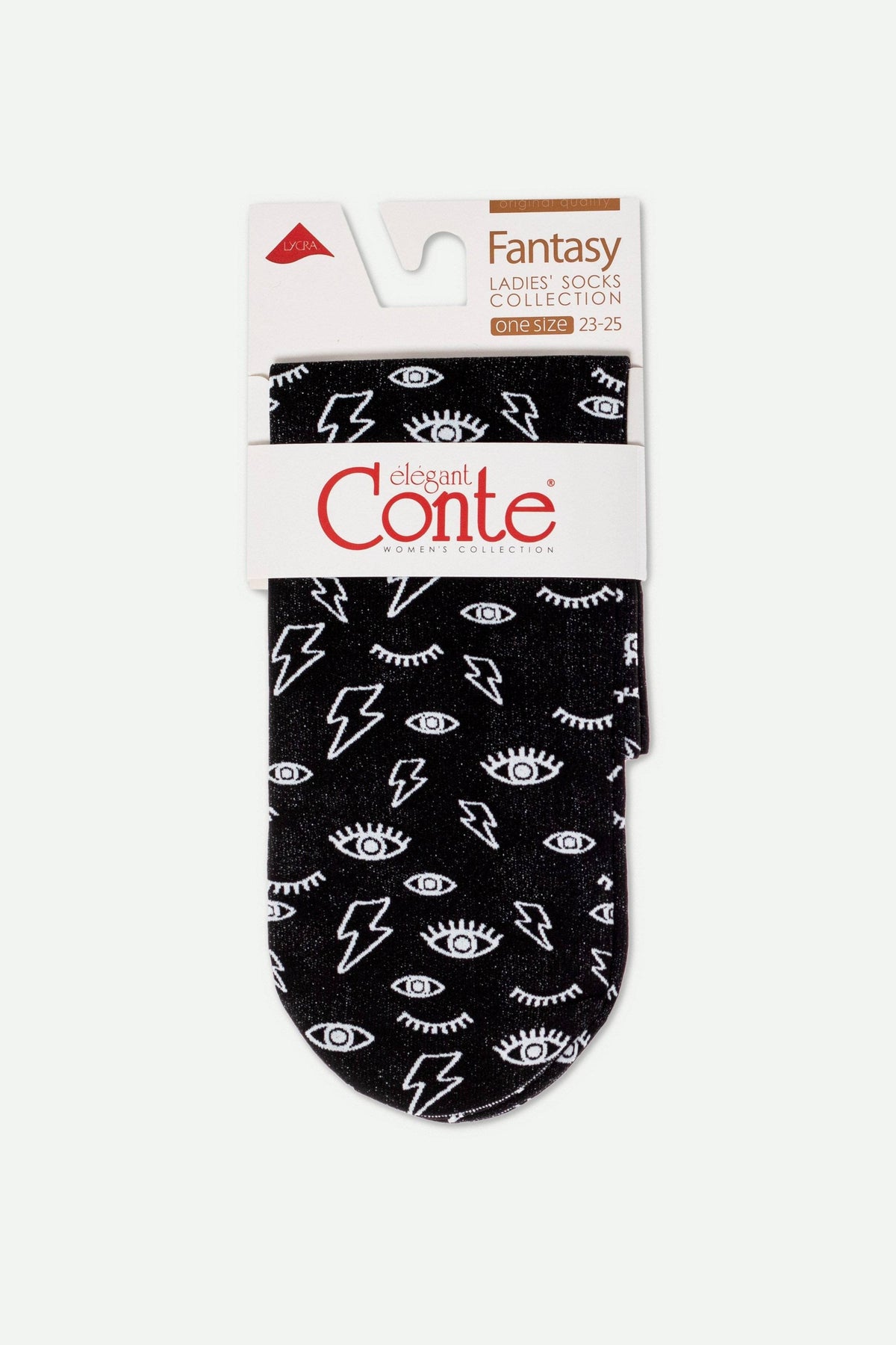A pair of folded black ankle socks with a repeating white pattern of lightning bolts and stylized eyes, packaged with a white branded cardboard label.