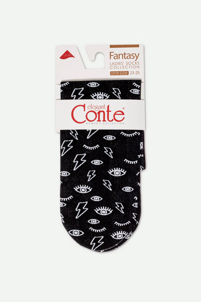 A pair of folded black ankle socks with a repeating white pattern of lightning bolts and stylized eyes, packaged with a white branded cardboard label.