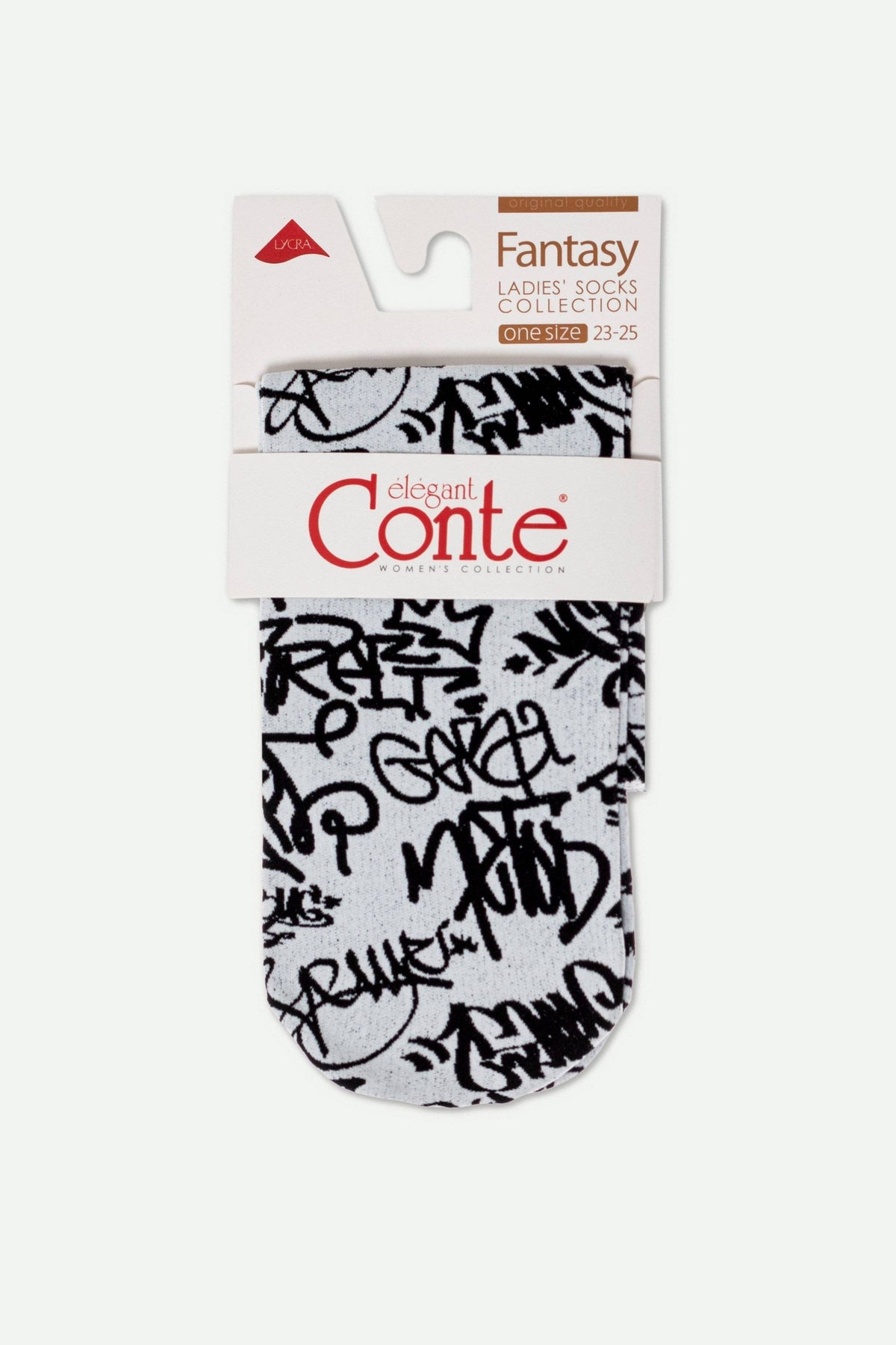 A pair of folded ankle socks with a light grey base featuring a black graffiti-style text pattern, packaged with a branded cardboard sleeve.