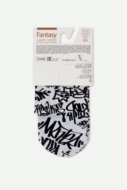 A pair of white crew socks decorated with a black graffiti-style pattern, attached to a branded product display card.