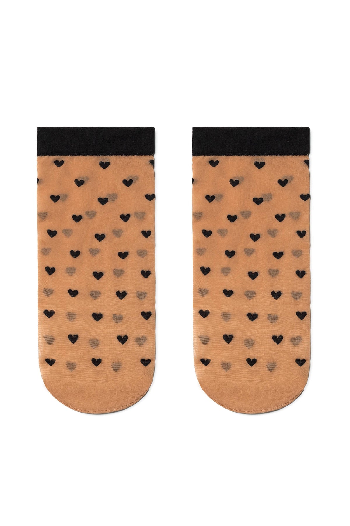 A pair of sheer, tan-colored ankle socks featuring a repeating pattern of small black hearts and finished with a solid black cuff at the top.