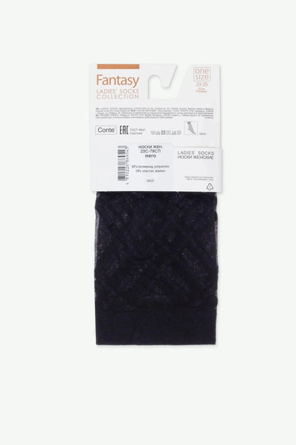 A pair of black sheer socks with a geometric diamond pattern is attached to a white product display card featuring technical information and branding.