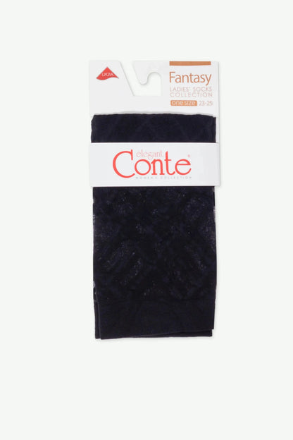 A pair of folded dark navy sheer socks featuring a repeating geometric pattern, presented in their original cardboard packaging.