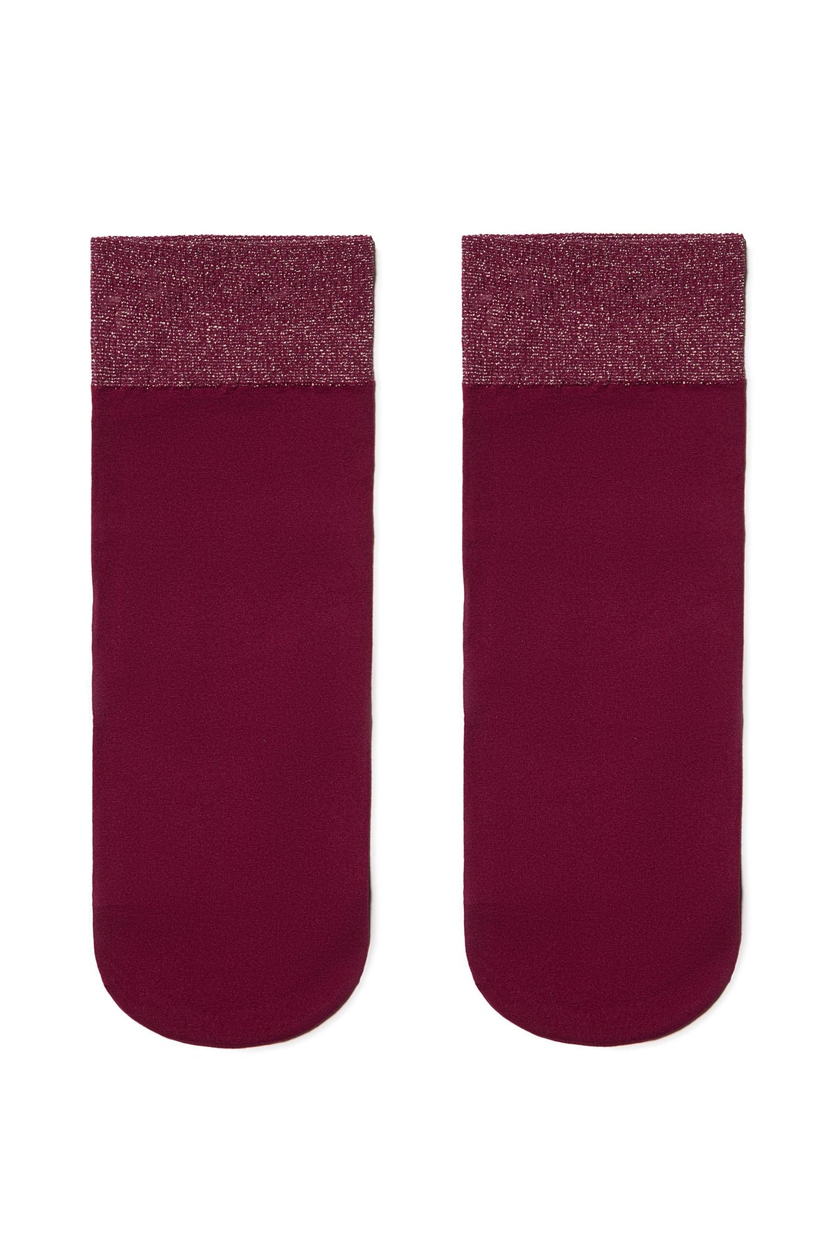 Two ankle socks in a deep burgundy shade, featuring a contrasting shimmery, glittery textured band at the cuff.