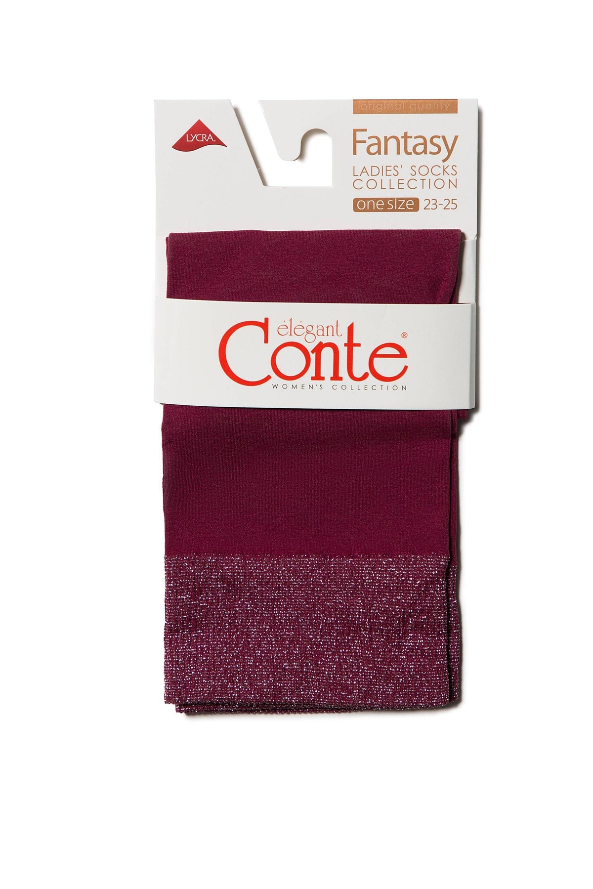 A pair of folded burgundy women's socks with a sparkly, silver-glittered cuff is packaged on a white cardboard hanger.