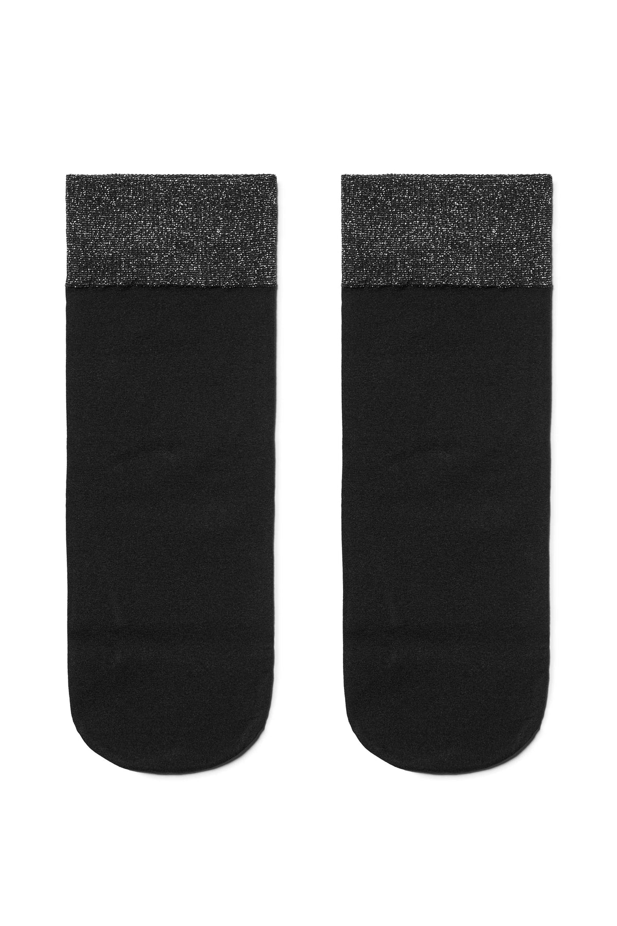 A pair of black ankle socks featuring a textured, shimmering silver metallic band at the top.