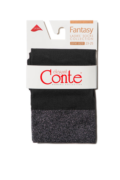 A pair of folded black socks with a wide metallic silver glitter band at the top, presented in packaging labeled with product information.